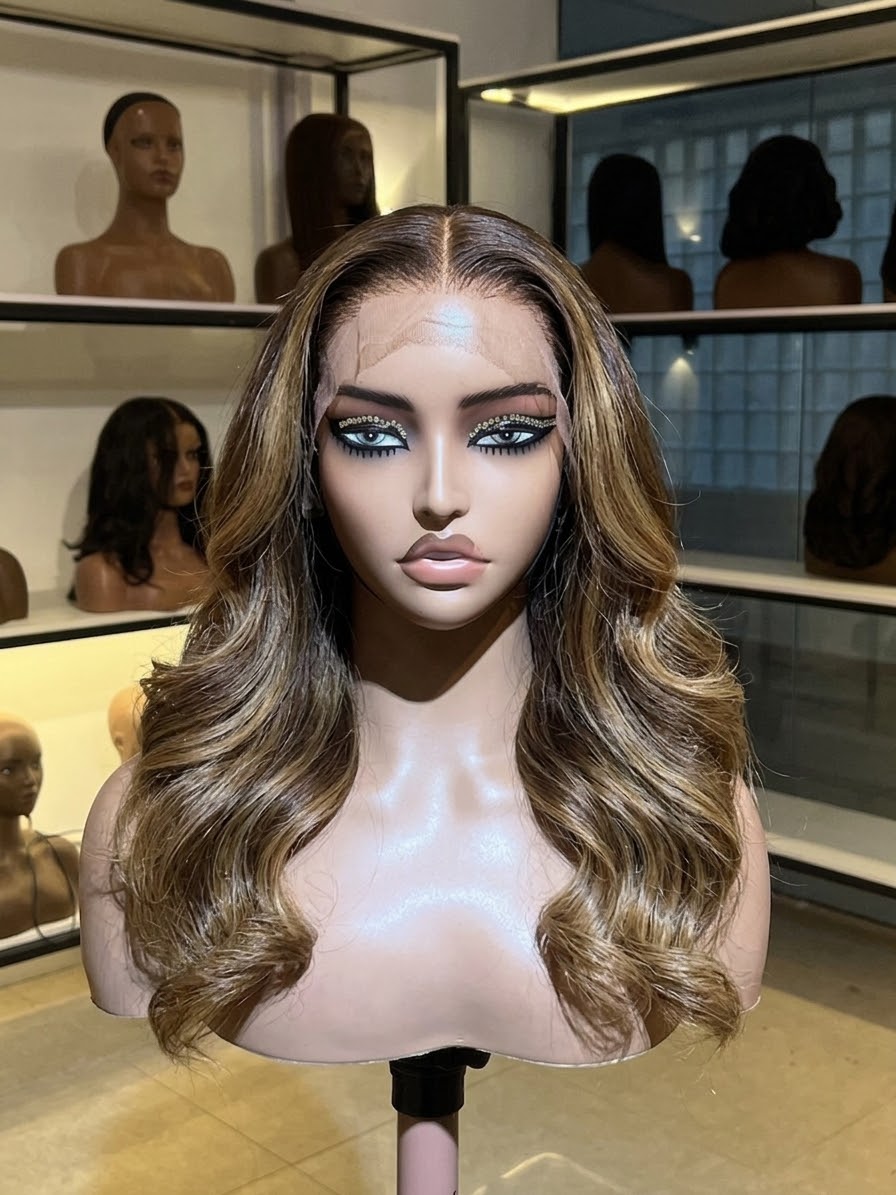 Brown wig with blonde highlights, a centre part and loose curls displayed on a mannequin.