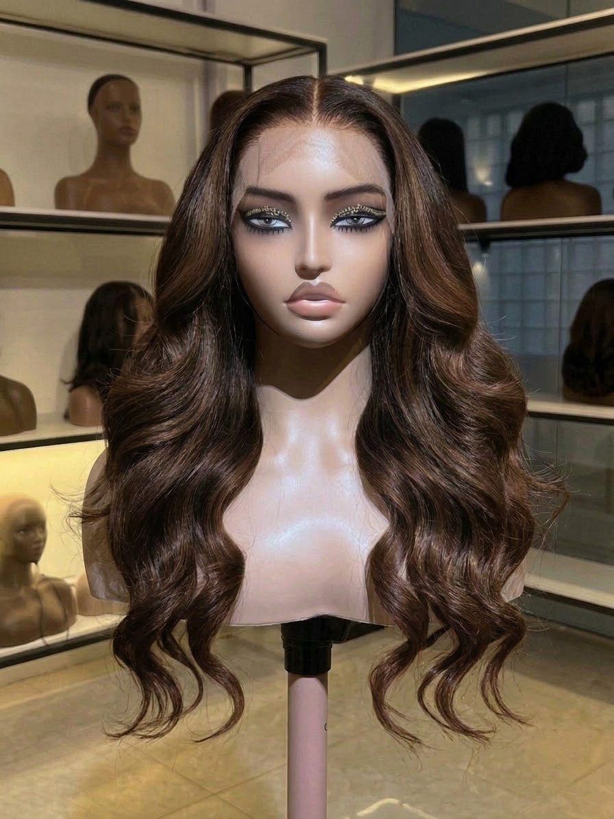Long dark brown wig with a centre part and loose waves displayed on a mannequin.